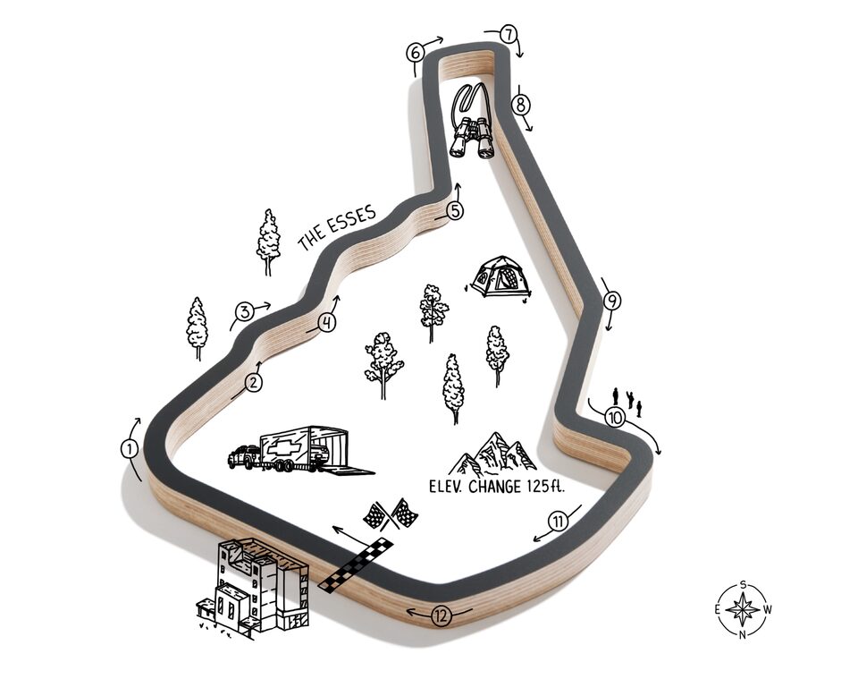 An illustration of Michelin Raceway Road Atlanta, showing the named turns and other landmarks. Hotspot buttons surround it to click for more information on the turns.