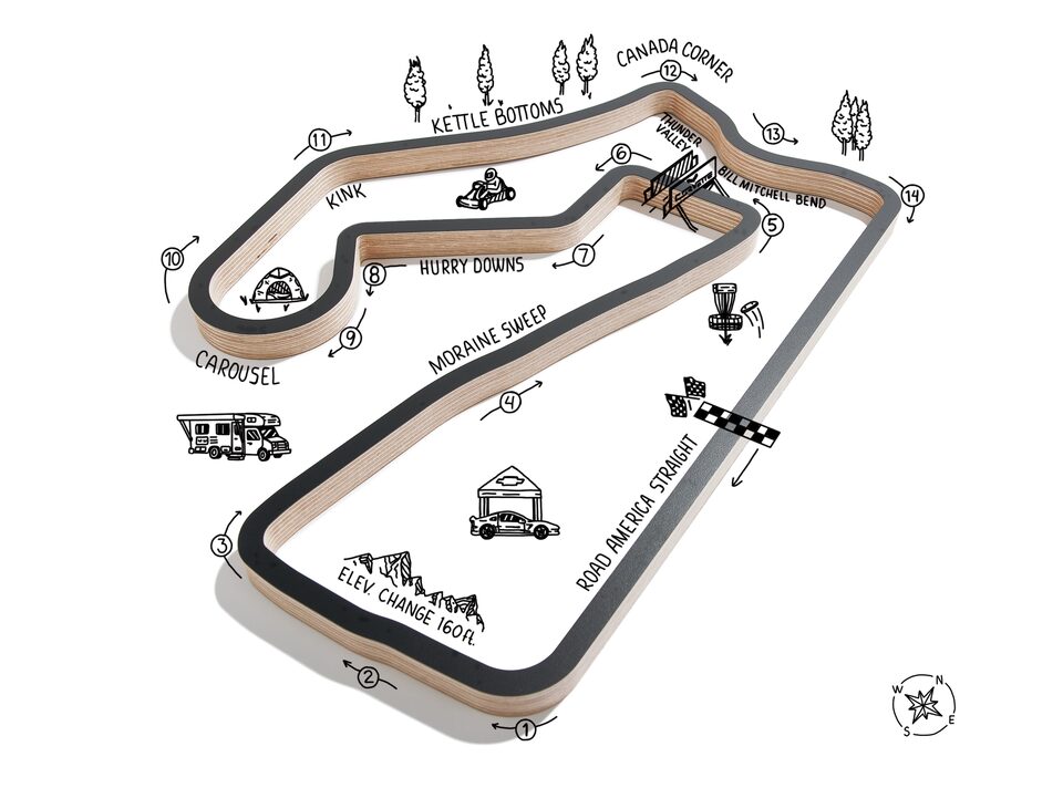 An illustration of Road America Raceway, showing the named turns and other landmarks. Hotspot buttons surround it to click for more information on the turns.
