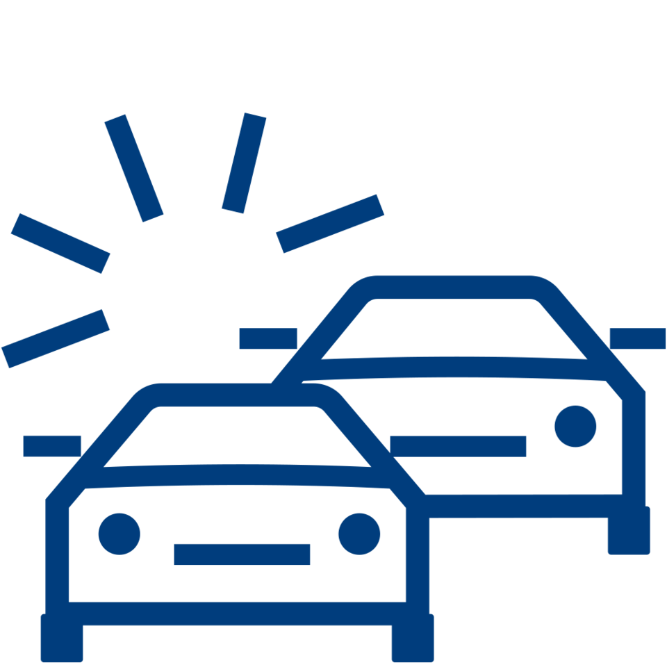 A line drawing of one vehicle in front of a second vehicle, with a starburst pattern indicating a crash between them.