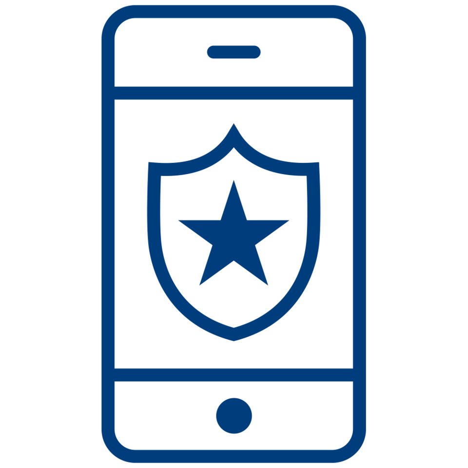 A line drawing of a badge with a star on the screen of a smartphone.