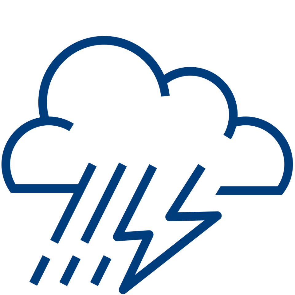 A line drawing of a cloud with rain and lightning beneath it.
