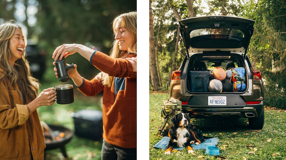 Two photos, one of two people making coffee using a handheld Nanopresso espresso maker, and the other of a lot of camping gear loaded in the back of a Trailblazer ACTIV, with a dog on the ground next to the car.