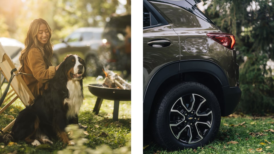 Two photos, one of a person and dog sitting next to a campfire with a Zeus Bronze Metallic Trailblazer ACTIV in the background, and the other a closeup of the rear panel and wheel of the Trailblazer.