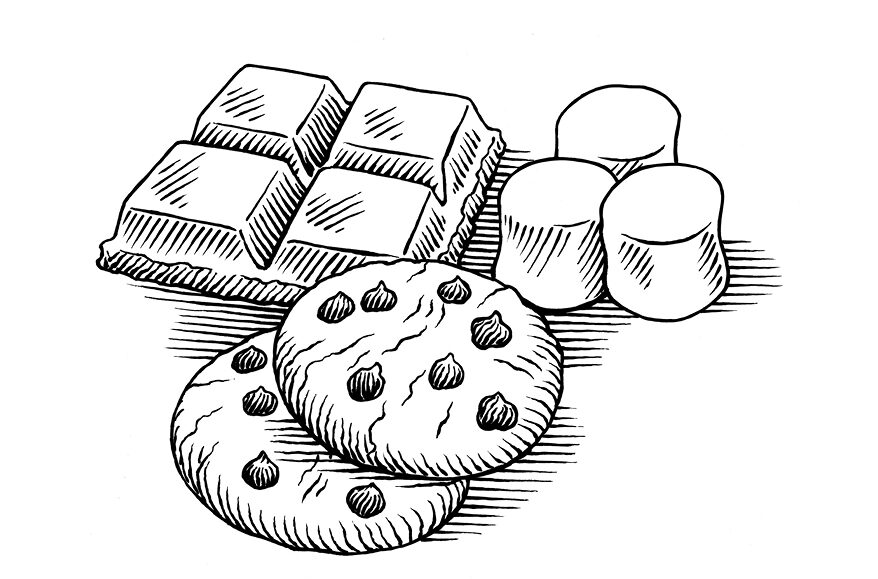 Black-and-white illustrations of chocolate chip cookies, a chocolate bar, and marshmallows.
