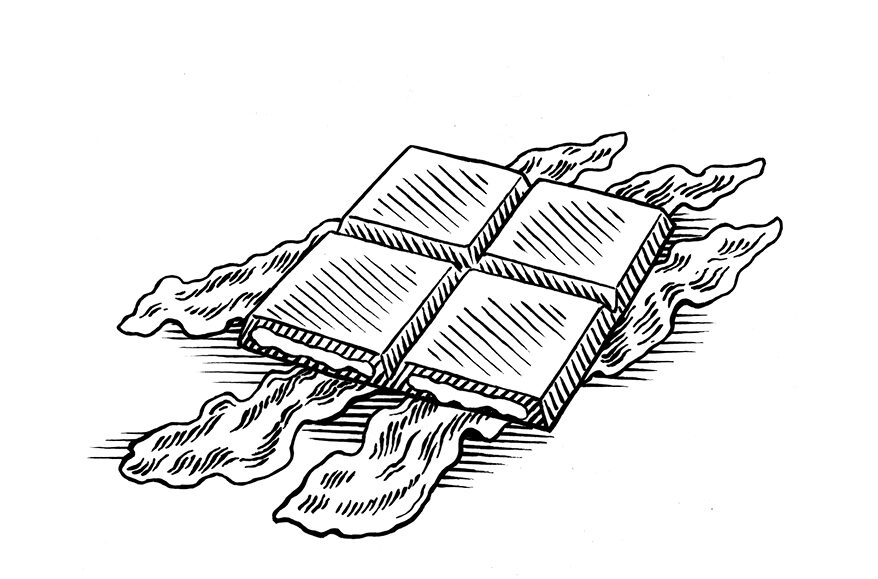 Black-and-white illustration of a chocolate bar with bacon.