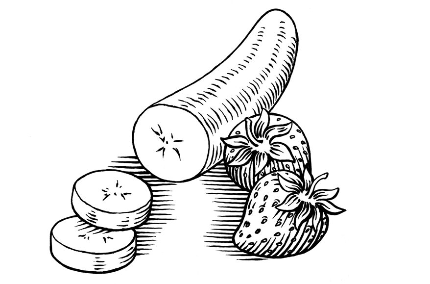 Black-and-white illustration of a peeled banana with two slices cut off and two strawberries.