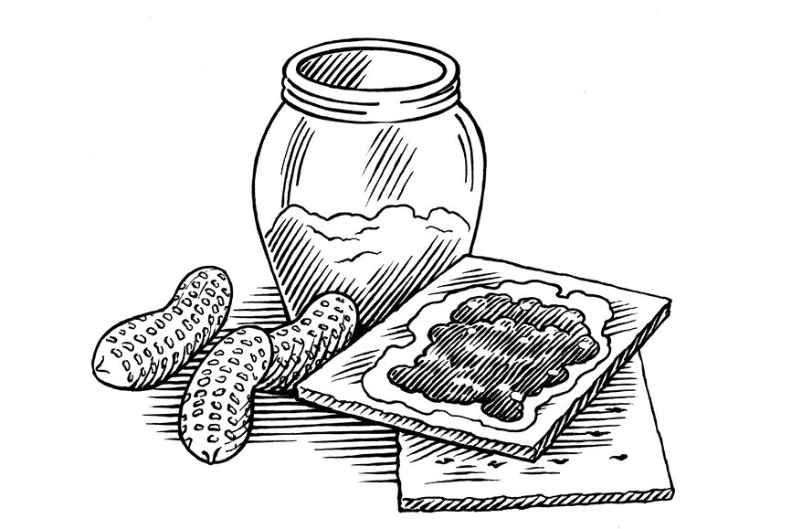 Black-and-white illustration of a jar of jelly, three peanuts in their shells, and a graham cracker smeared with peanut butter and jelly.