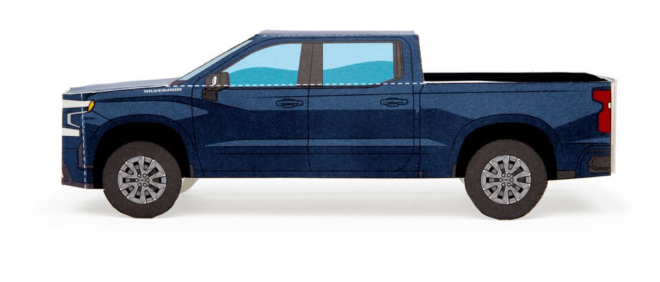 A paper model of a Northsky Blue Metallic 2020 Silverado.
