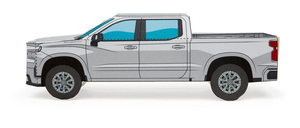A paper model of a Silver Ice Metallic 2020 Silverado.