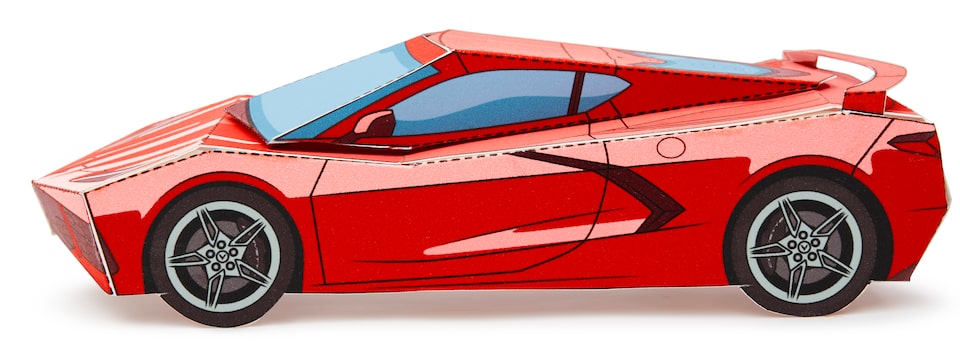 Un modelo en papel de Corvette 2020 armado en Rojo Antorcha.
