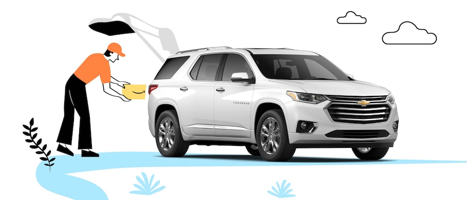 A photo of a white Chevrolet Equinox is set on an illustrated background, including a person standing by the open liftgate putting an Amazon box in the cargo area.