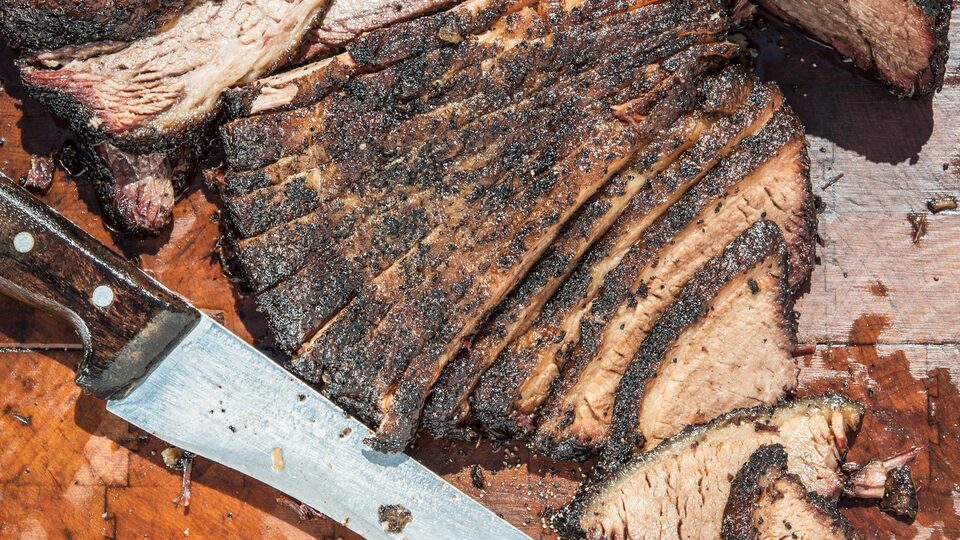 Freshly sliced barbecue brisket.