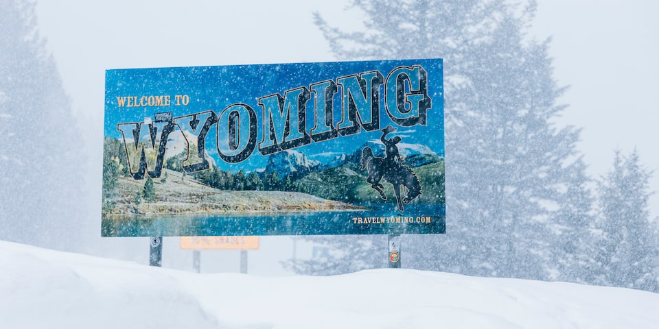 Un cartel azul brillante que identifica al estado de Wyoming en una colina cubierta de nieve con árboles grandes de fondo.