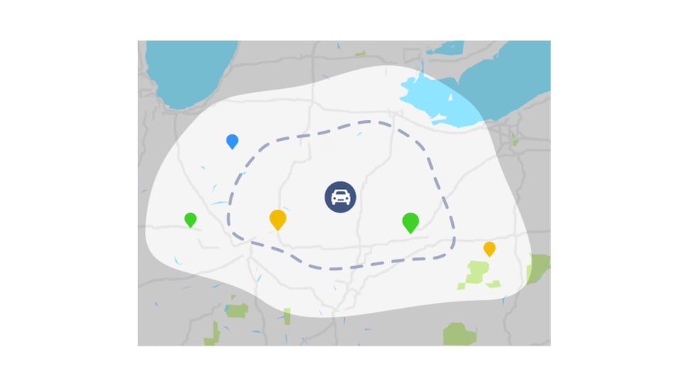 Una vista de la "burbuja de energía" del Bolt EV en el mapa de la función Energy Assist de la aplicación móvil myChevrolet.