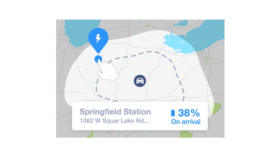 Una vista de la "burbuja de energía" del Bolt EV en el mapa de la función Energy Assist de la aplicación móvil myChevrolet, que muestra un 38 % de carga al llegar a la estación de carga.