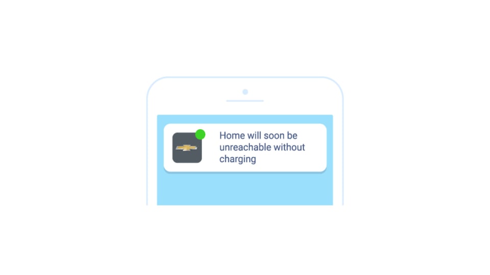 A screen from the Energy Assist feature in the myChevrolet Mobile App shows a warning that reads “Home will soon be unreachable without charging.”