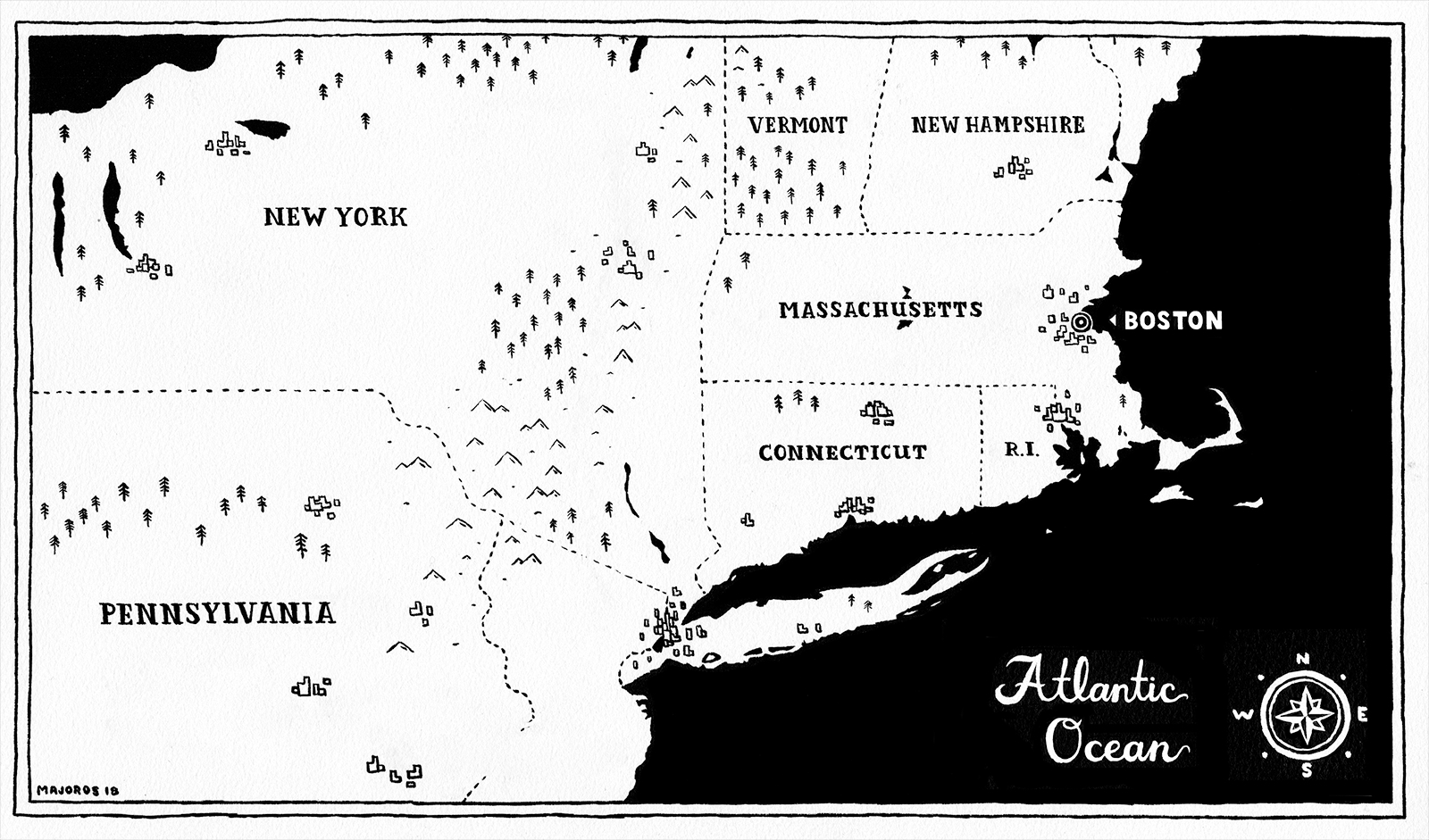 Un mapa animado que muestra la ruta desde Massachusetts hasta Pensilvania.