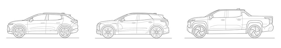 A line of drawing of three vehicles: the Equinox EV, the Blazer EV, and the Silverado EV.
