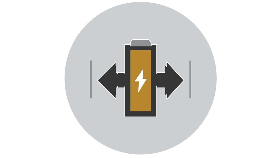 A line drawing depicts a battery with arrows on either side.