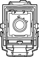 An illustration of a large-format camera, seen from the front.