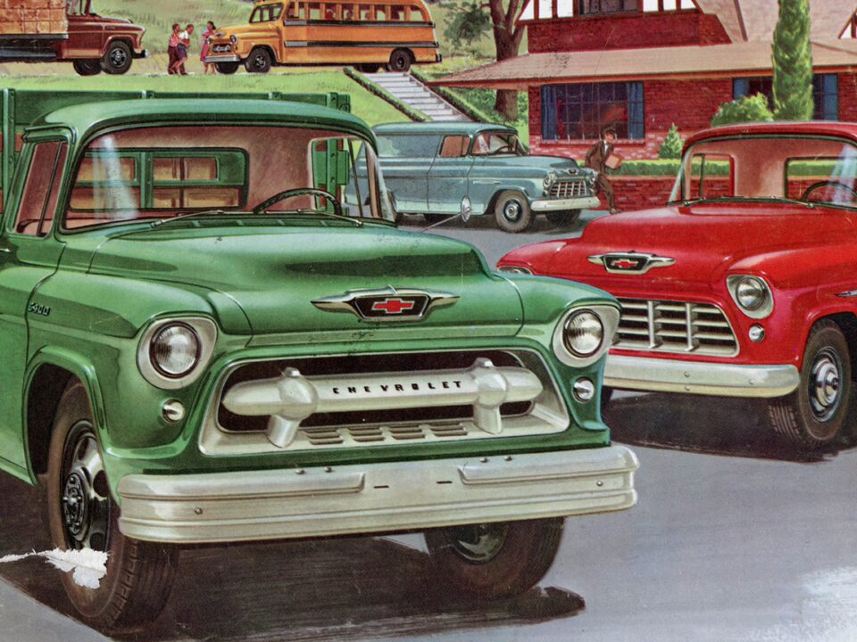 An illustration from a 1955 Chevy Truck brochure showing a group of different configurations of Chevy Task Force trucks in various colors.