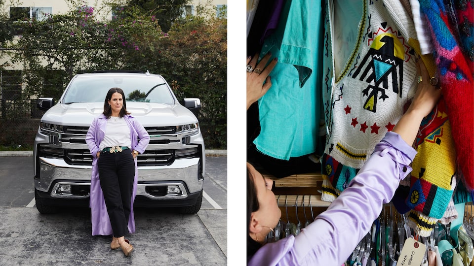 Two photos: On the left, Beth Morgan stands in front of the 2020 Silverado LTZ. On the right, Beth is displaying a colorful sweater with an eagle embroidered on the front.