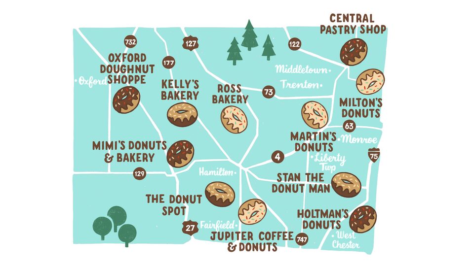 Mapa ilustrado de las ubicaciones de tiendas de donas (que se muestran con el ícono de una dona) del Donut Trail en el condado de Butler, Ohio.