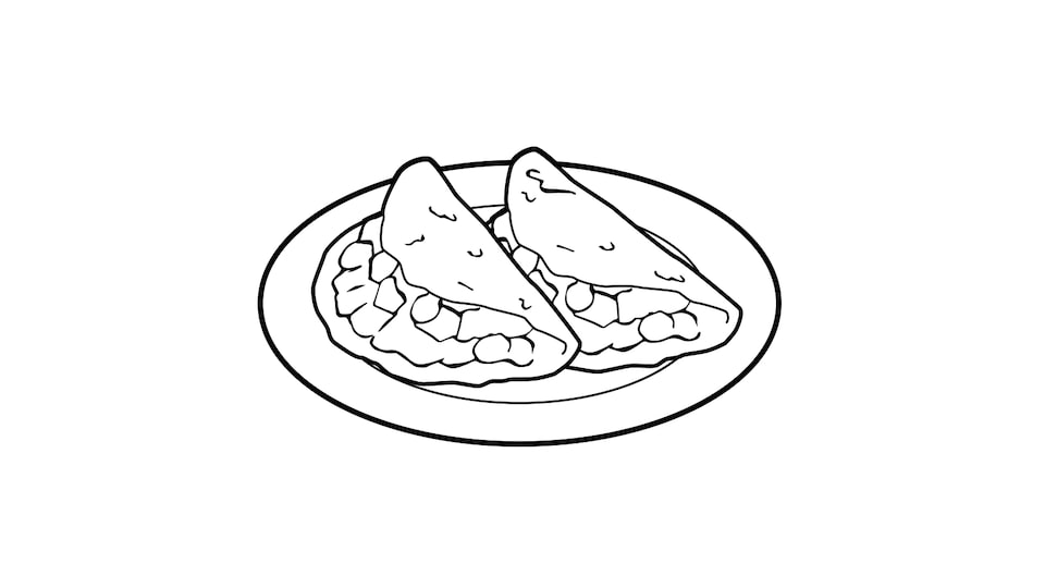 A line drawing of two tacos on a plate.