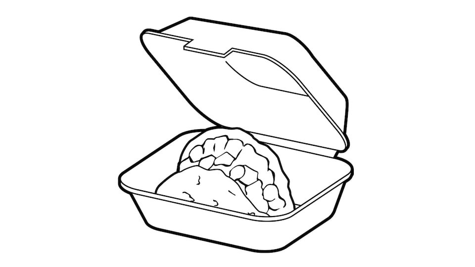A line drawing of a taco in a clamshell takeout box.