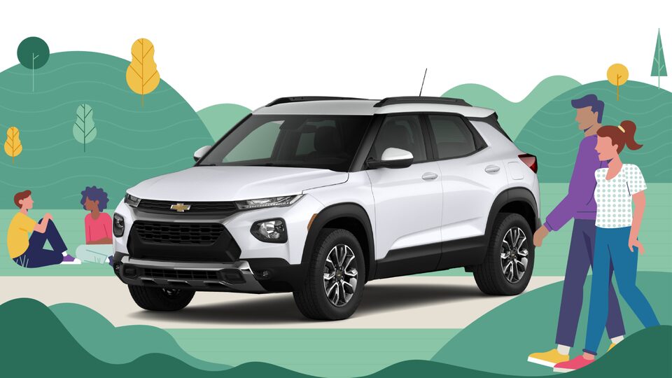 Una ilustración de colinas verdes, árboles y flores con las palabras "Elige la SUV Chevy justa".