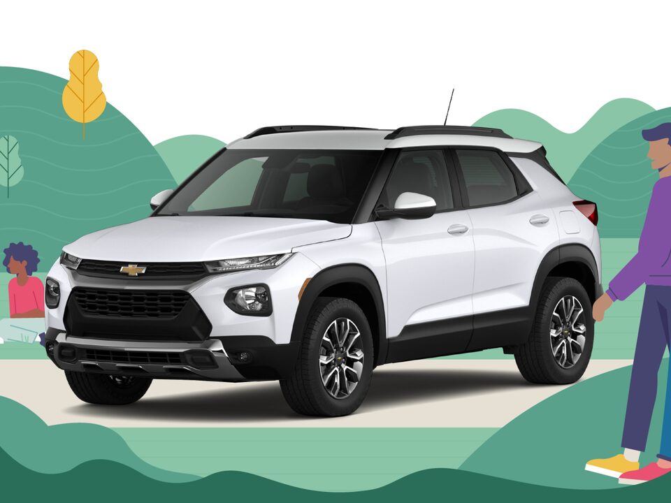 Una ilustración de colinas verdes, árboles y flores con las palabras "Elige la SUV Chevy justa".