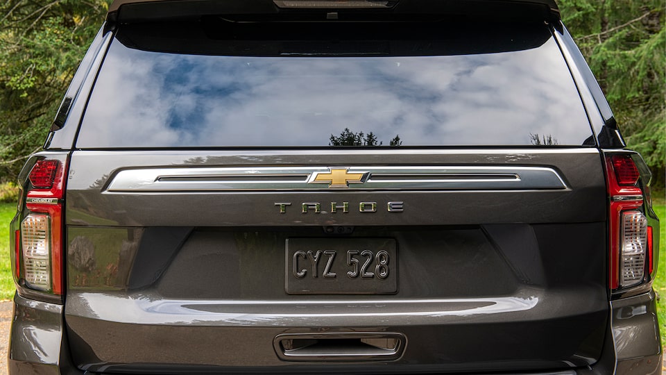 A view of the closed back hatch of a 2021 Chevy Tahoe.