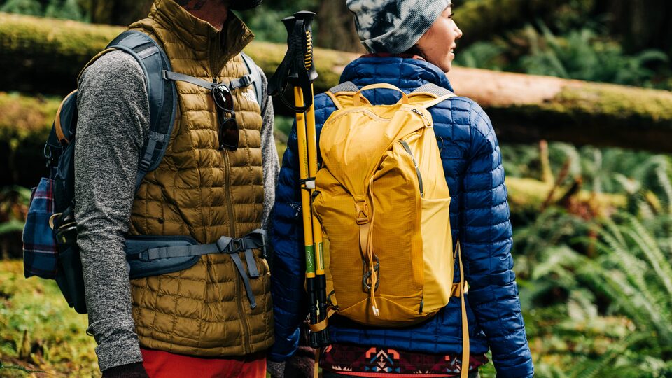 Dos personas con equipo de excursionismo y mochilas en un bosque.