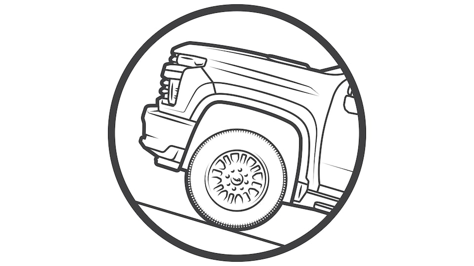 Ilustración de la parte delantera de una camioneta pickup cuesta arriba.