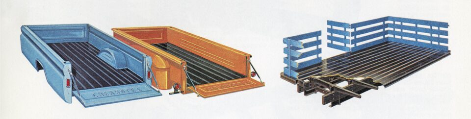 An illustration from the 1962 C/K Series truck brochure showing the different types of beds available for the truck.