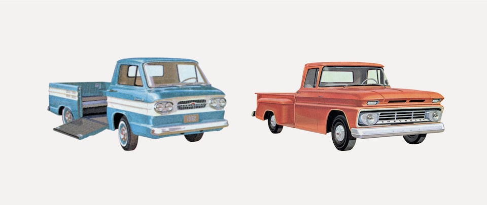 An old photograph from the 1962 C/K Series truck brochure showing a red pickup and a blue utility truck from the C/K Series.