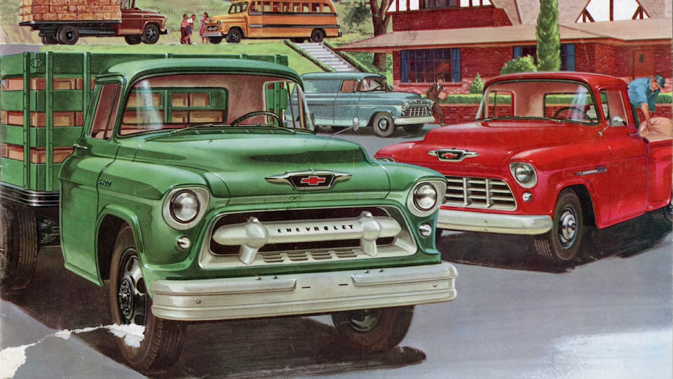 An illustration from a 1955 Chevy Truck brochure showing a group of different configurations of Chevy Task Force trucks in various colors.