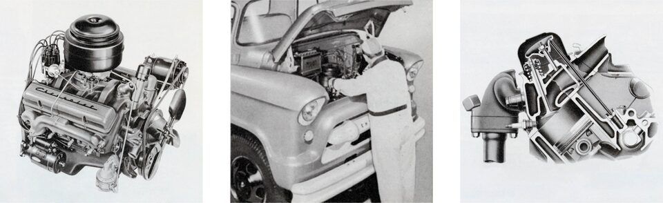 Ilustraciones de motores de un folleto de camionetas Chevy de 1955.