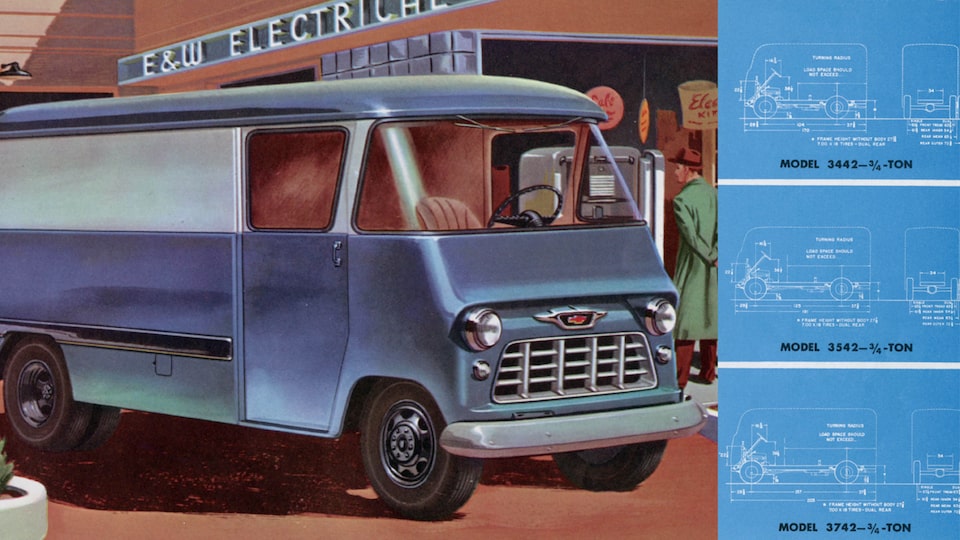 Una página de un folleto de camionetas Chevy del 1955 con una ilustración de una furgoneta azul en un chasis de camioneta.
