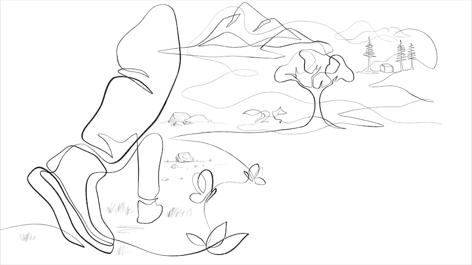 Un dibujo lineal en blanco y negro, hecho con lápiz, de las piernas y los pies de una persona adentrándose en un paisaje de árboles y montañas. El boceto se realiza trazando una única línea ininterrumpida.