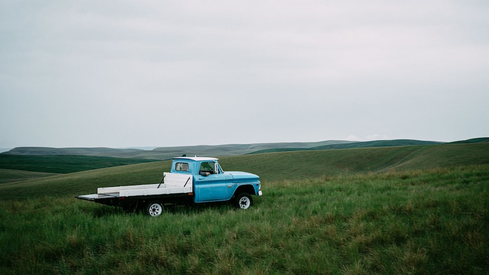 An old blue flat-bed truck in the middle of a field.