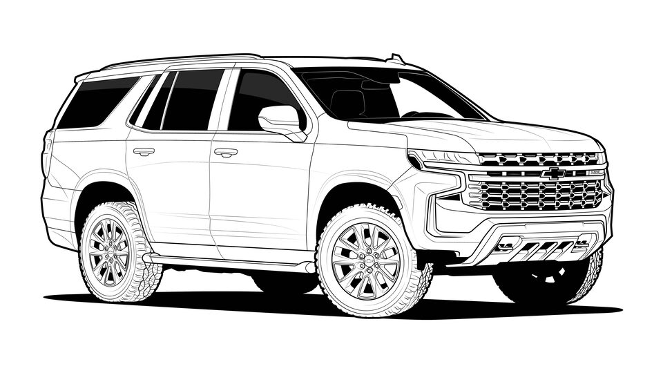 A black and white line drawing of a 2021 Chevy Tahoe.
