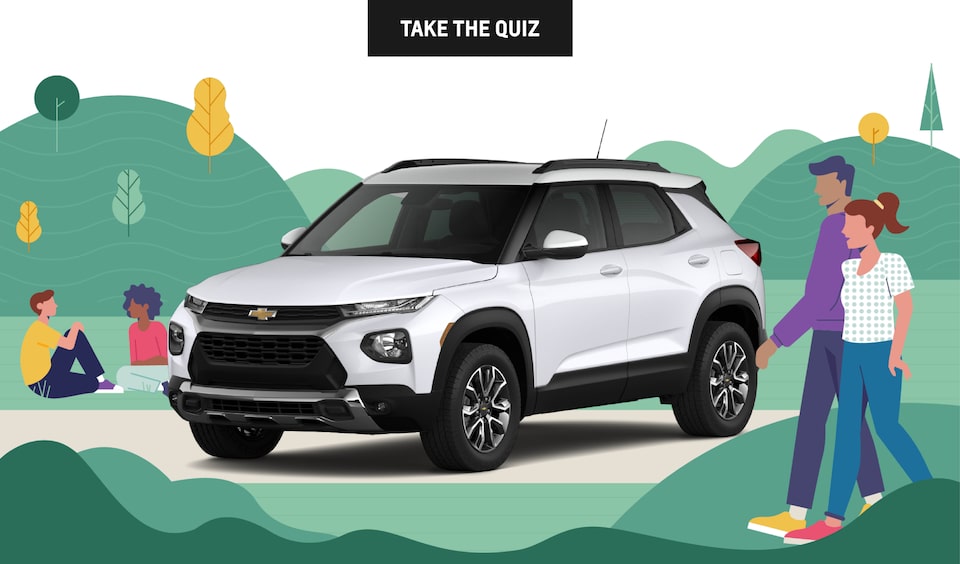 An illustration of a park-like area with people sitting on the grass and walking. A real photo of a white Chevy Trailblazer is parked in the center. Words at the top say “Take the quiz.”