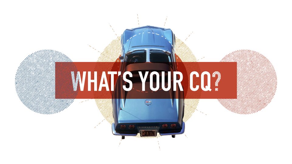 An illustration of a blue T-top Corvette seen from above, with the words "What's your CQ?" over the image.
