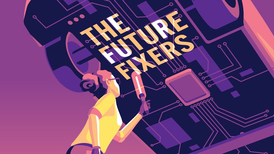 An illustration of a person standing underneath a car that is raised up above their head, holding a glowing light up to the underside of the car, where the words "The Future Fixers" are lit up.