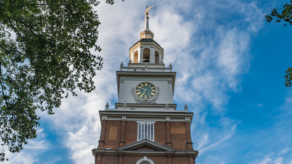 The top of the clock tower of Independence Hall in Philadelphia.