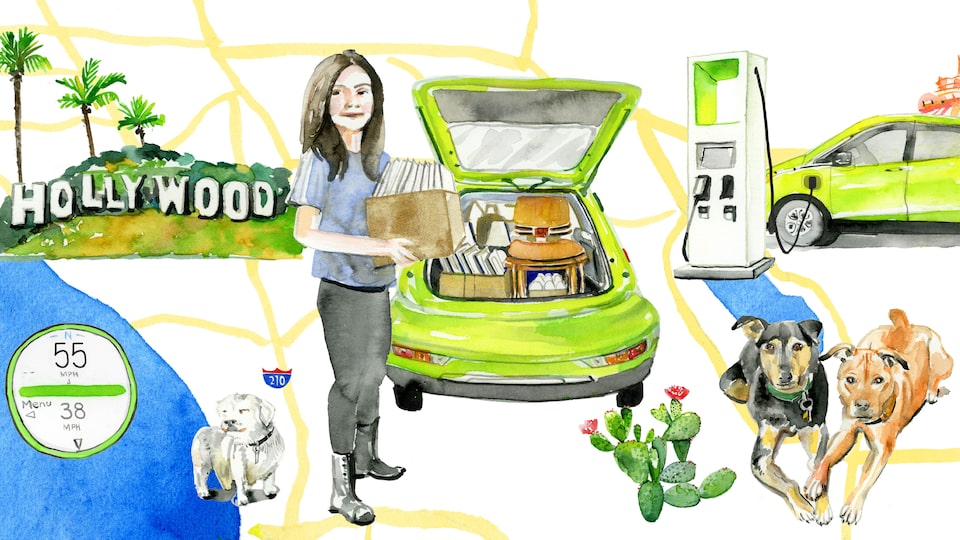 An illustration of Nicole Dome overlaid on a map illustration with her Shock green Bolt EV, her three dogs, an electric charging station, and the Hollywood sign in the background.