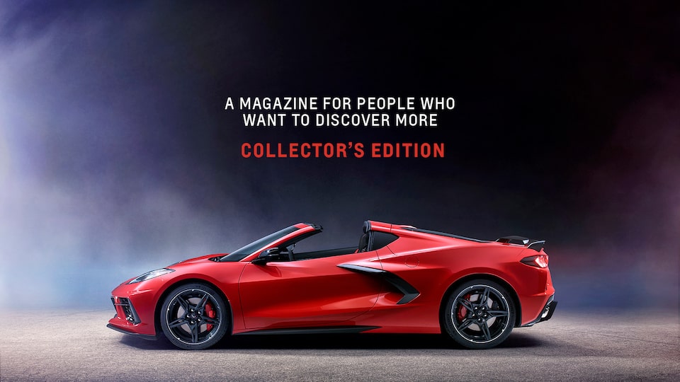The cover of the New Roads Collector’s Edition showing a Torch Red 2020 Corvette on a black background.