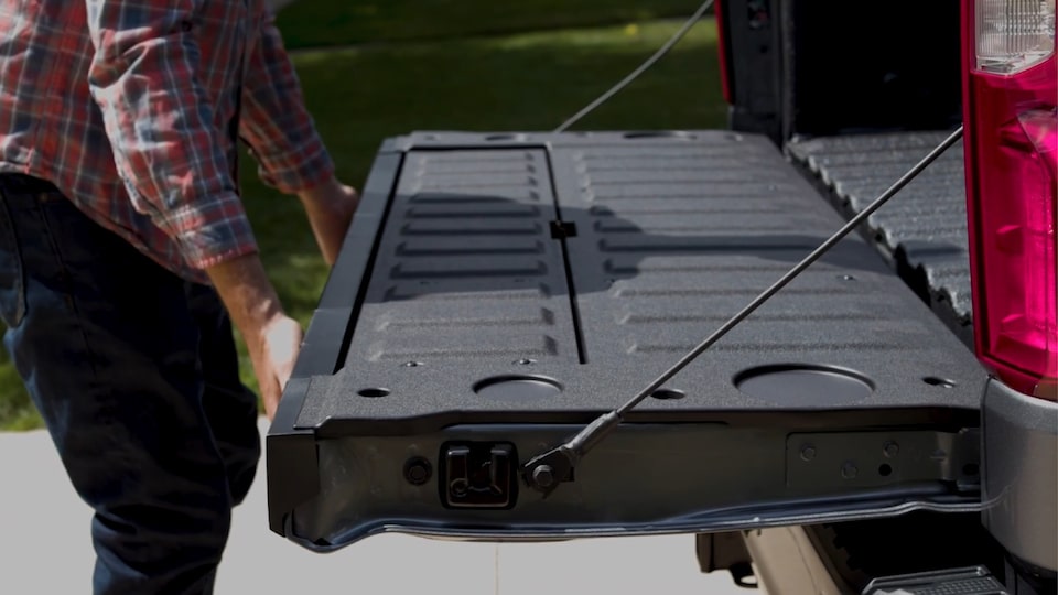 The Silverado Multi-Flex tailgate with the primary gate folded down like a traditional tailgate.