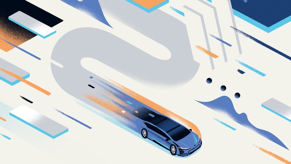 A colorful illustration showing a vehicle on an S-shaped path with other abstract shapes.